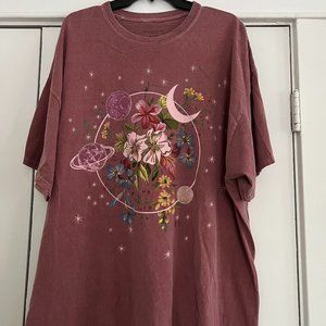 Urban Outfitters Oversized Tee, Maroon Floral, Moon, Planet Print, Size L/XL